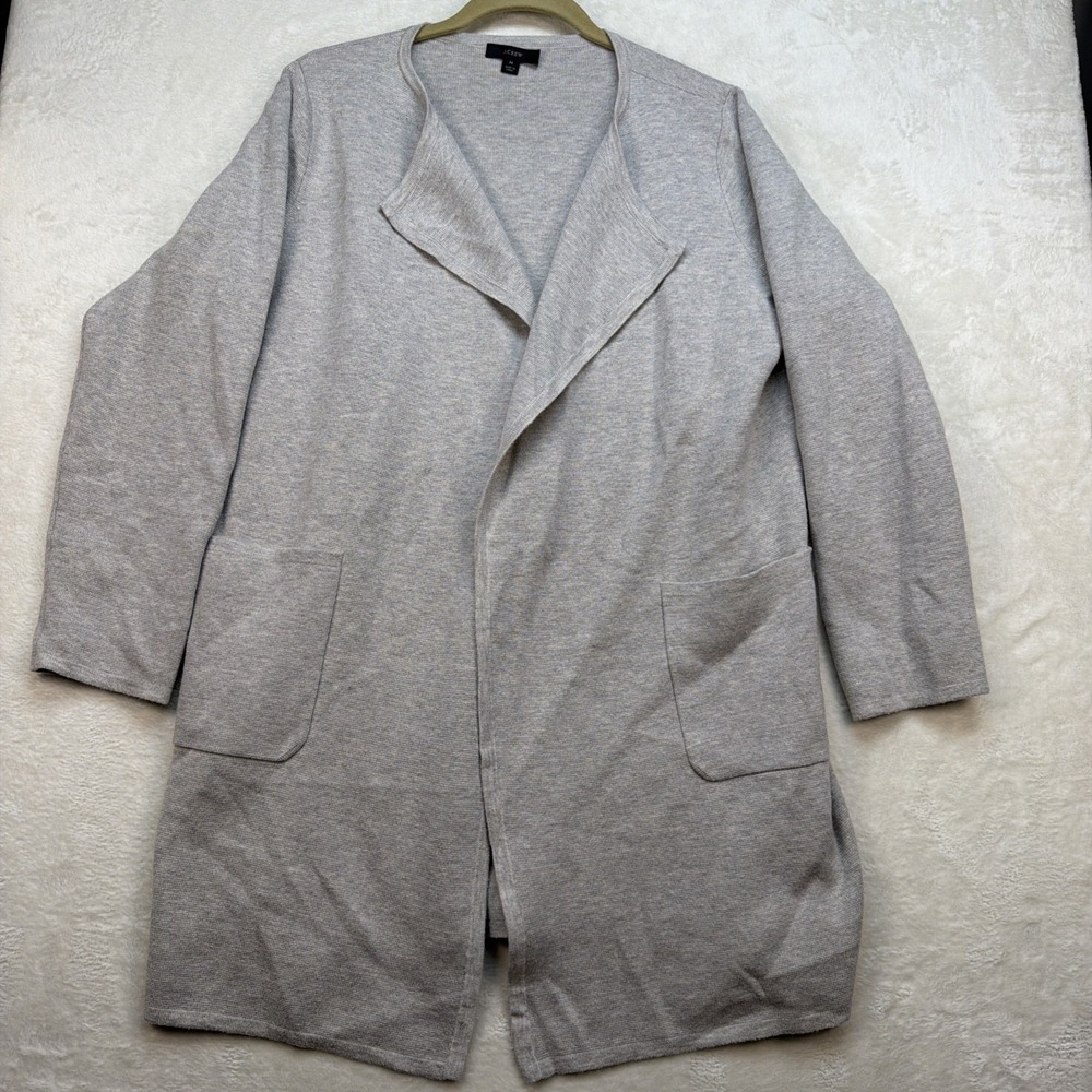 J Crew Sweater Blazer Womens Medium Gray Merino Wool Knit Open Front Longline